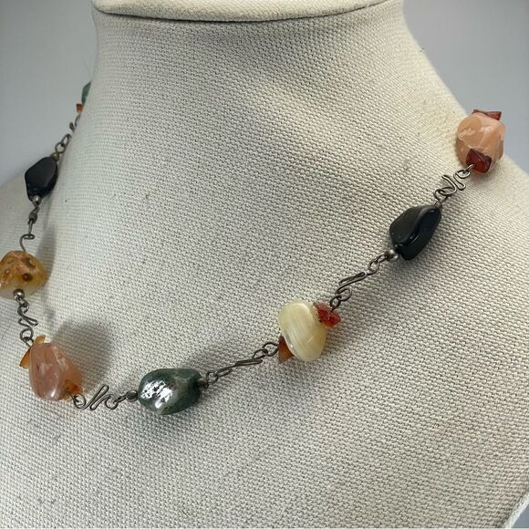 Vintage Agate Quartz Aventurine Gemstone Nugget Beaded Necklace Silver Tone - Picture 4 of 8